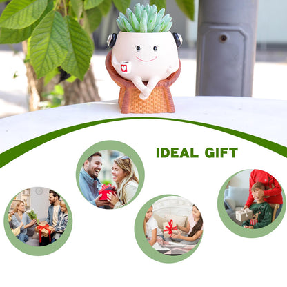 Self Watering Planter Pot Cute Resin Flower Head Planters for Indoor Outdoor Handmade Smily Face Pot Unique Cane Chair Succulent Pots with Drainage Gift Ideal for Mother and Appreciation Christmas