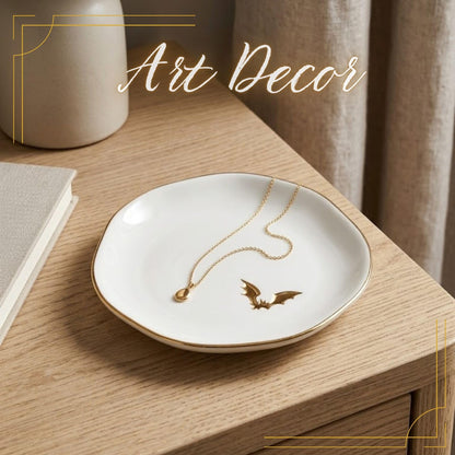 InnoBeta Bat gifts, Halloween Goth gifts, Bat Decorative Trinket Dish, 4.75" Handcrafted Ceramic Ring Dish with Gold Trim, Birthday Gift for Women