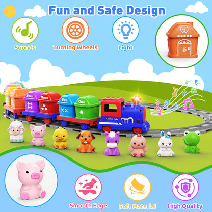 Cmiolacuna Train Set for Toddlers 2-4, Electric Toddler Train Set with Farm Animals, Music & Lights, Montessori Counting & Sorting Learning Toy, Birthday Easter for Boys Girls (Blue)