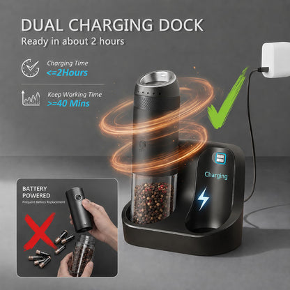 FAMAWO Gravity Electric Salt and Pepper Grinder Set, Rechargeable Automatic Mills with Charging Base, 6-Level Adjustable Coarseness, LED Light, Matte Black, 2-Pack