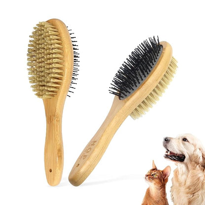 2-in-1 Double-Sided Dog Brush with Bamboo Handle Pin&Bristle Dog Hair Brush Pet Grooming Tool for Dogs and Cats Remove Loose Hair Knots Tangles