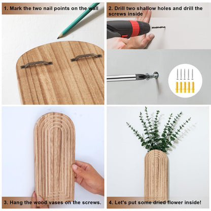 Wooden Wall Planter Vase Set of 2, Boho Hanging Planter for Indoor Plants & Flowers, Natural Wood Wall-Mounted Planters for Art Home Decor - Living Room, Bedroom, Bathroom, Patio (Natural Wood)