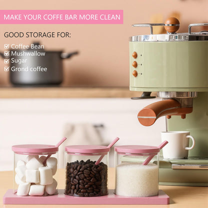 Willinglong 3 Pcs Coffee Bar Accessories Set Glass Condiment Jars with Wooden Lids Spoons, Spice Jar Set with Tray, Sugar Tea Containers for Coffee Station Organizer Kitchen Decoration(Pink)