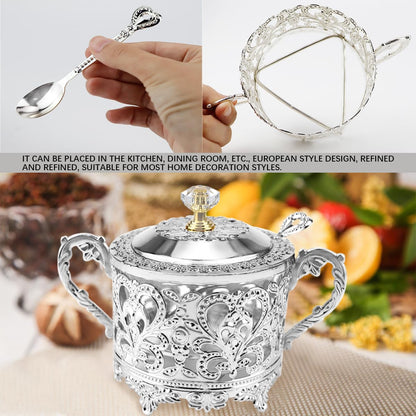 LCJAOF Glass Sugar Bowl with Lid and Spoon Vintage Kitchen Food Canister Condiment Pot Storage Jar Seasoning Containers for Home Restaurant Kitchen（Silver）