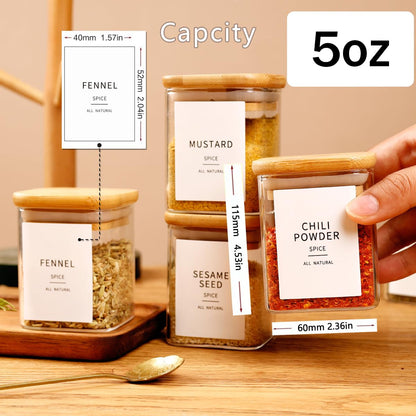 HHMJSM 12 Pcs Square Glass Spice Jars with Natural Bamboo Lids - 5oz Airtight Herb Containers with 148 Waterproof Minimalist Spice Labels Preprinted - Empty Small Seasoning Jars for Kitchen Pantry
