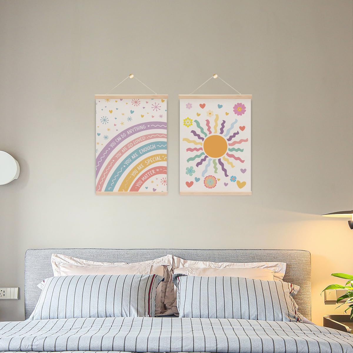 2PCS Nursery Girls Kids Room Poster Hanger, Boho Rainbow Flag Banner Nursery Wall Art Hanging Banner With Wooden Frames for Classroom Girls Playroom Bedroom Toddler Room Decor 15.8x11.8 Inch