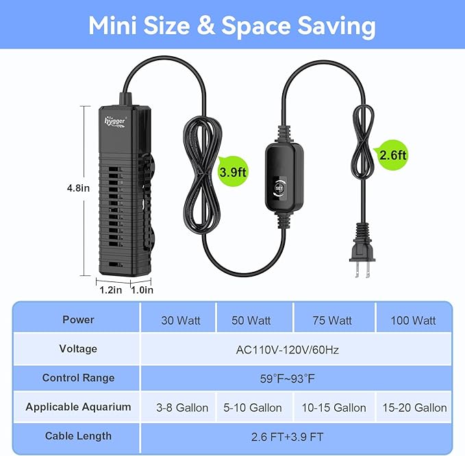 hygger Nano Aquarium Submersible Heater for 15-20 Gallon Fish Tank Betta Heater with Digital Display, Adjustable Temperature Controller 100Watt