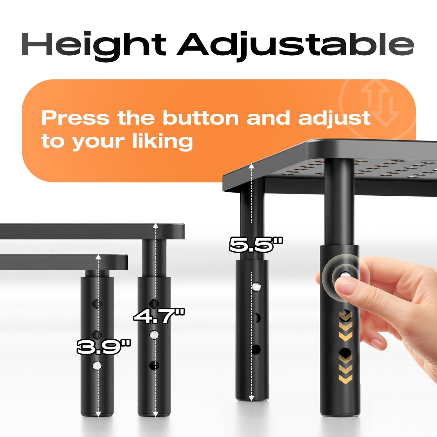 Canyora Computer Monitor Stand Riser for Desk, 3 Height Adjustable PC Laptop TV Desktop Monitor Stand Shelf, Metal Printer Table with Phone Holder, Stand Riser for Desk, Office Desk Organizers and Accessories, 2 Pack