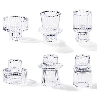 Toptime Candlestick Holders Set of 6, Ribbed Glass Taper Candle Holders, Reversible Clear Tealight & Candle Stick Candle Holder Vintage Crystal Tealight Candle Holder for Wedding Dinner Party