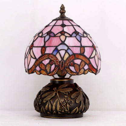 WERFACTORY Small Tiffany Lamp Desk Pink Stained Glass Baroque Mushroom Table Lamp Bronze Mini Accent Lamp W8H11 Inch S003P Series
