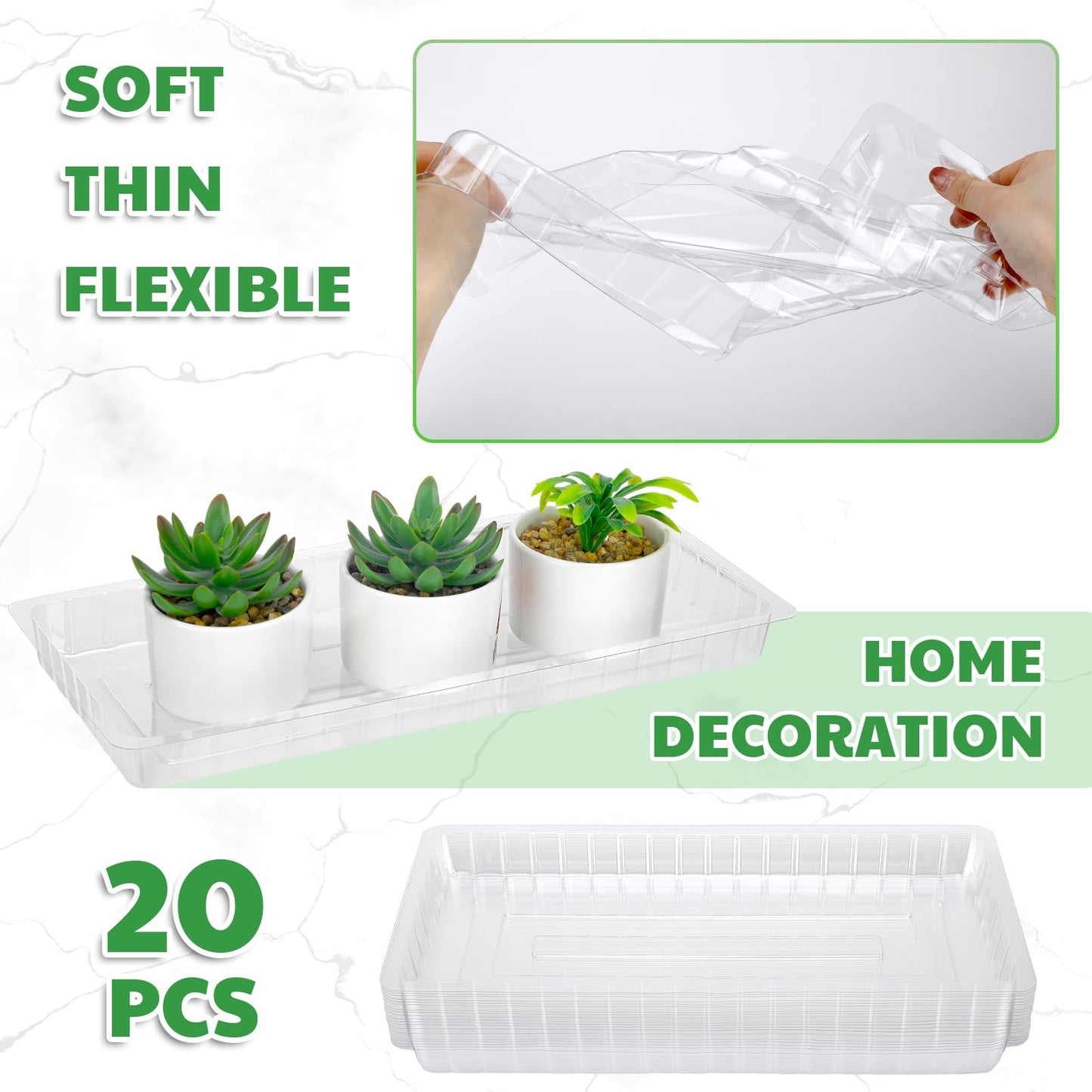 SiliFine 20 Pcs Clear Plastic Plant Saucer Rectangular Plant Drip Trays Transparent Thick Heavy Duty Plastic Liners for Planters for Indoors Outdoors Flower Pots Window Sills Window Shelf, 14" x 6"