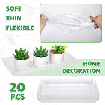 SiliFine 20 Pcs Clear Plastic Plant Saucer Rectangular Plant Drip Trays Transparent Thick Heavy Duty Plastic Liners for Planters for Indoors Outdoors Flower Pots Window Sills Window Shelf, 14" x 6"