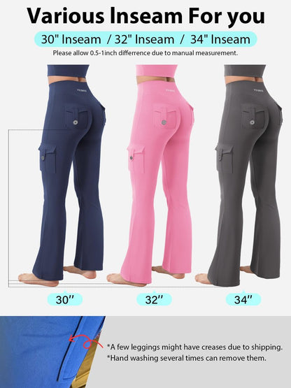 YEOREO CoreFlex Women Workout Flare Leggings with Pockets Hidden Scrunch High Waisted Cargo Gym Yoga Leggings Army Green M