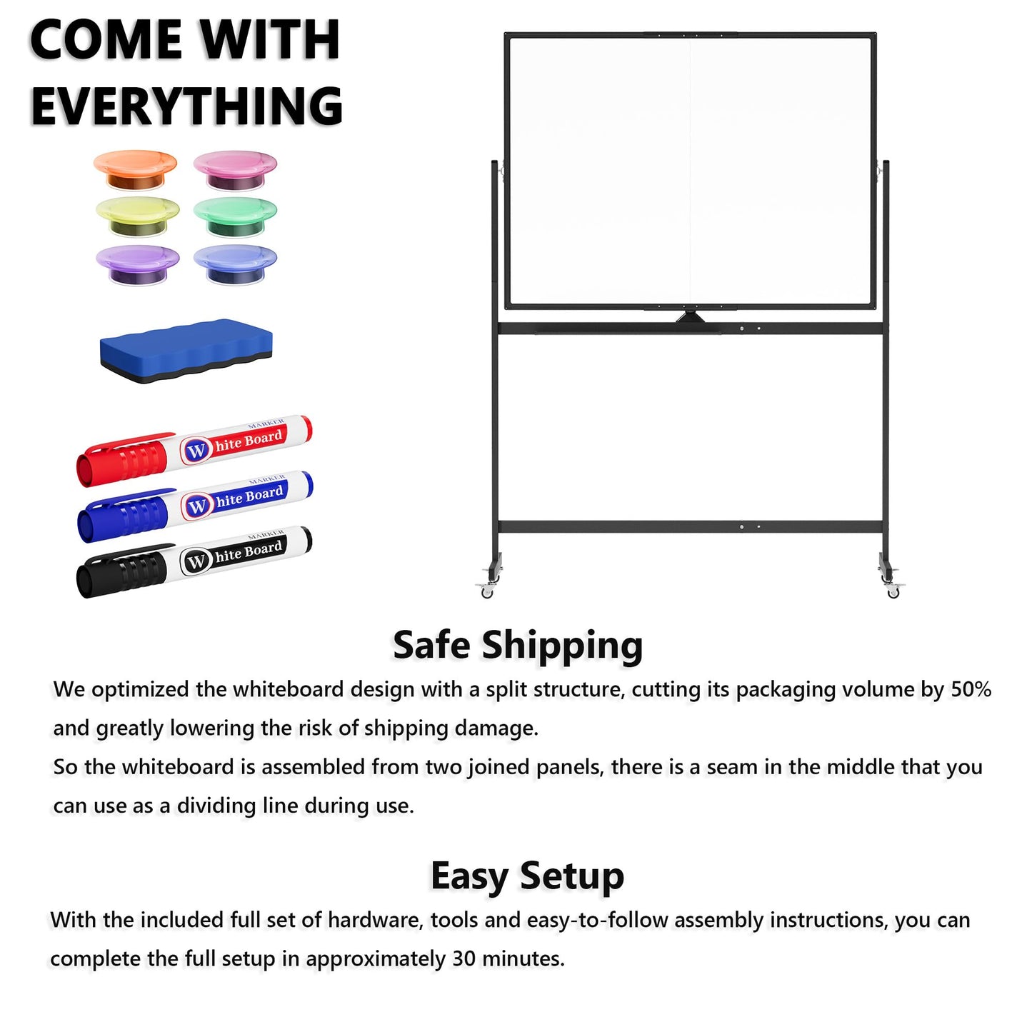 Large Rolling Whiteboard on Wheels, 48" x 36" Double-Sided Mobile White Board with Stand, 4' x 3' Portable Standing Magnetic Dry Erase Board Easel for Home Office Classroom School, Black