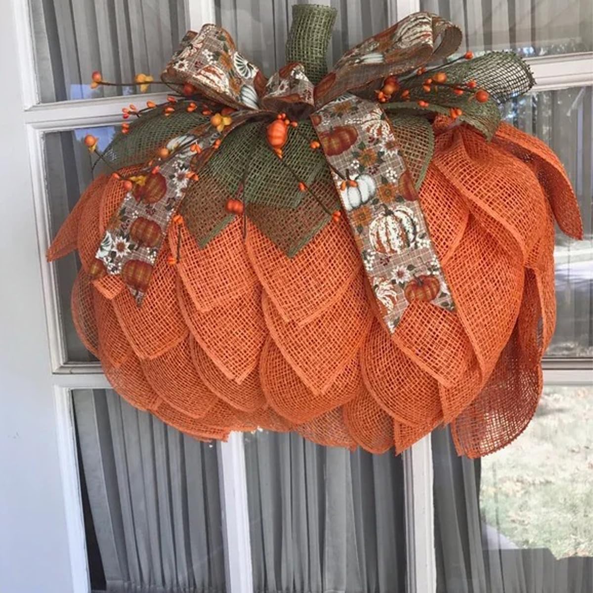 Farmhouse Pumpkin Wreath for Front Door, Autumn Wreath with Bows and Berries, Burlap Pumpkin Garland for Autumn Fall Halloween Thanksgiving Wall Decor