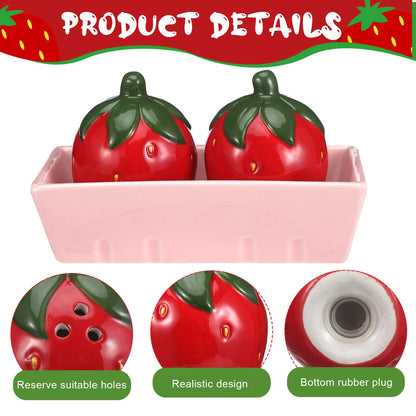 3 Pcs Strawberry Salt and Pepper Shakers Set, Cute Salt and Pepper Shakers with Pink Tray Funny Ceramic Spice Dispenser Storage Canisters for Housewarming Kitchen Table Supplies