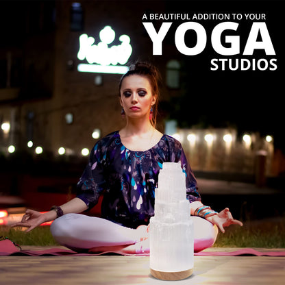 Salt 84 Selenite Crystal Lamp, 20 cm Tall, High Energy Skyscraper Lamp with Wooden Base & USB Charging Cable, ETL Certified, Hand Curved Selenite for Spiritual Protection and Therapy