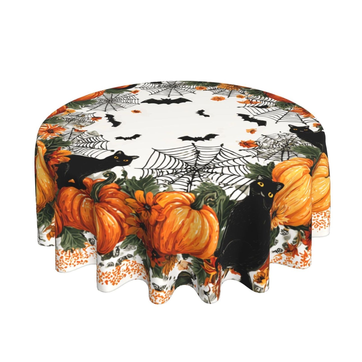 Halloween Pumpkin Bat Round Tablecloth 60 Inch, Black Cat Decorations Round Table Cloth for Halloween Holiday Picnic Party Kitchen/Home Dining Decor