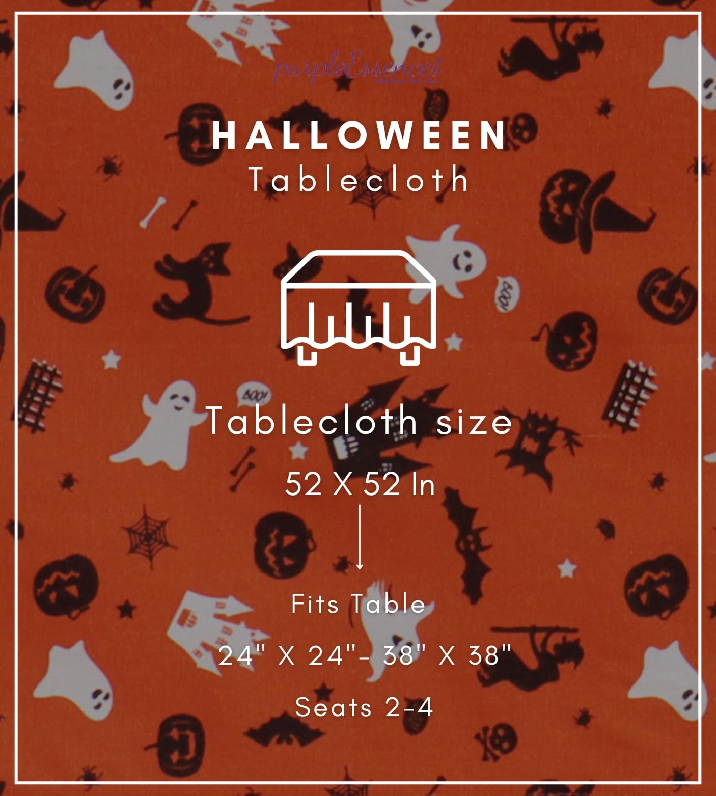 PurpleEssences Orange Black Halloween Tablecloth, Square Halloween Party Tablecloth Decoration, 52x52 Inch Machine Washable Cotton Table Cover, Haunted House
