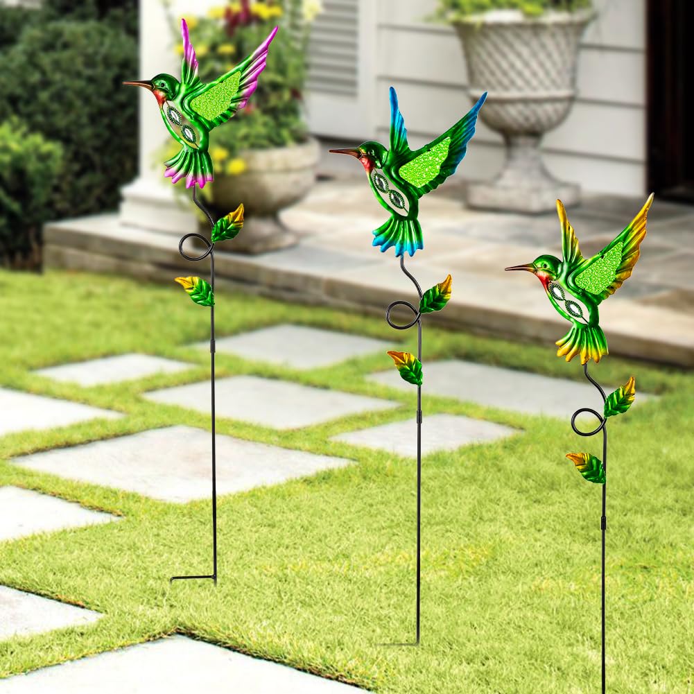 Venniy 3 Pcs Hummingbird Decorative Garden Stakes,Metal Yard Art for Lawn Pathway Patio Plant Pot Flower Bed Ornaments Spring Outdoor Decor