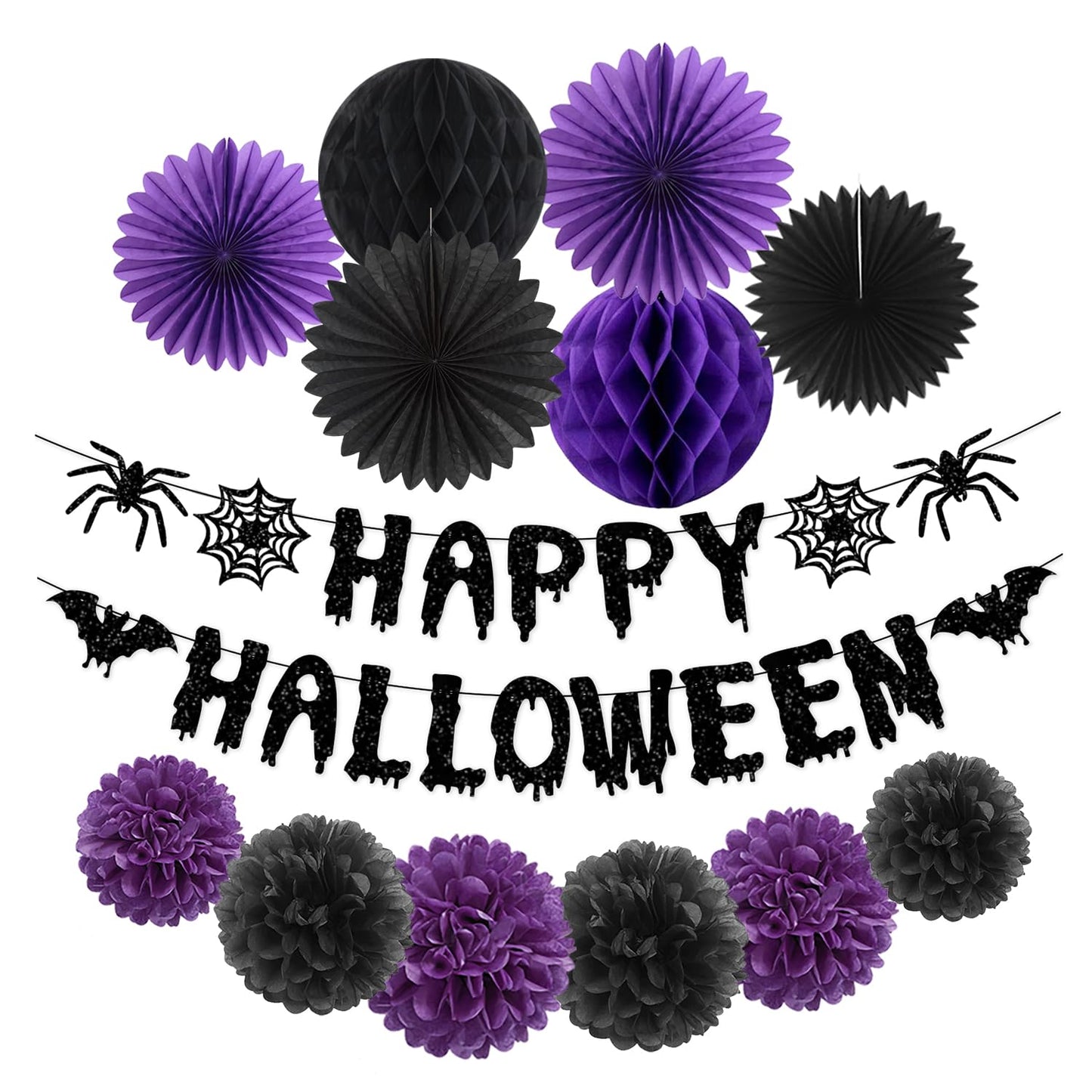 Purple Black Happy-Halloween Party Decorations - 13PCS Spider Web Bats Streamers Banner ,Paper Flowers Lanterns Tissue Pom Poms Fans, Classroom Birthday Bachelorette Hanging Supplies Decor Hugfond