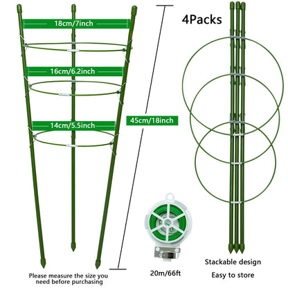 18" Small Plant Support Tomato Cages, 4 Pack Adjustable Garden Trellis for Indoor Outdoor Climbing Plants, Peony Flower Stakes with 66ft Garden Twist Ties, Green Metal Plant Cages for Pots & Garden