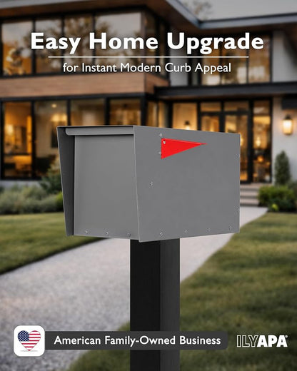 Ilyapa Modern Mailbox for Post Mount - Gray with Gray Door Powder Coated Steel, Waterproof Letter Box for Parcels, with Recessed Magnetic Close Door