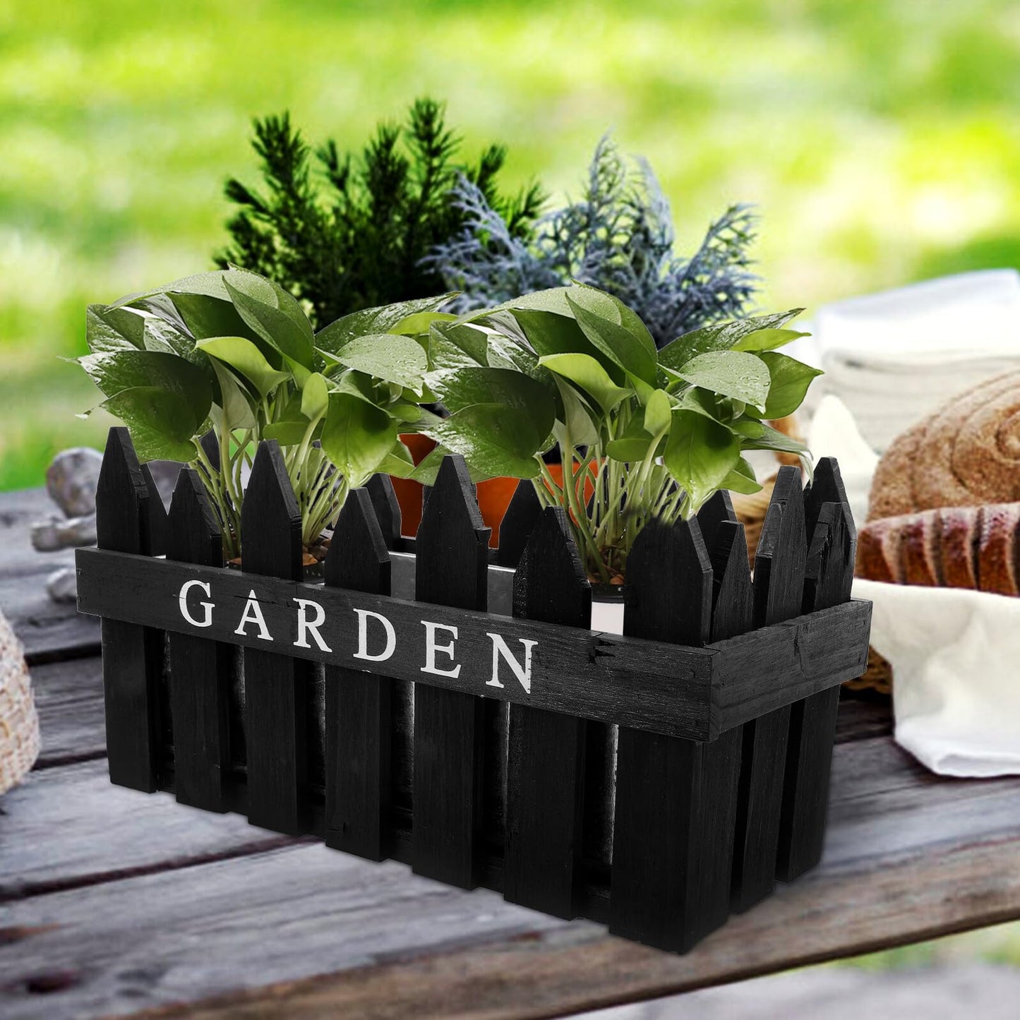 Homoyoyo Rectangular Wooden Fence Flower Pot Planter Box for Balcony and Garden, Hollow Creative Planting Basket in Black, Decorative Outdoor Patio Container for Flowers Arrangement