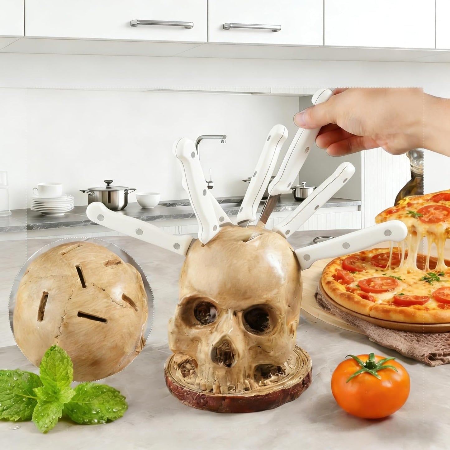 Skull Knife Holder for Storage, Funny Skeleton Knife Holder, Creative Horror Storage Head Rack, Skeleton Knife Stand for a Scary Party.