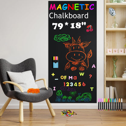 Ykall Magnetic Chalkboard Contact Paper for Wall, 79"x18" Self-Adhesive Blackboard Wallpaper Peel and Stick Wall with 93 Pcs Kit for Kids, Magnet Wall Sheet with Kit for Home Playroom
