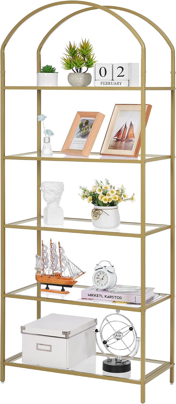 Homhedy Bookshelf Arched Display Racks,Metal Bookcase,Tempered Glass Shelves,Storage Rack Shelf for Home Office,Living Room,Bedroom, Bathroom,Modern Style (Golden, 11.8" D x 23.6" W x 62.2" H)
