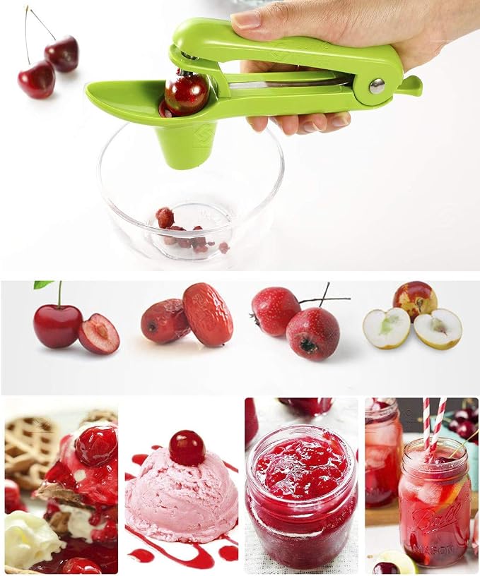 Cherry Pitter Tool, Larger Cross-Pitting Head, Cherry Core Remover with Safety Lock, Non-Slip Soft-touch Handle, Dishwasher Safe-green