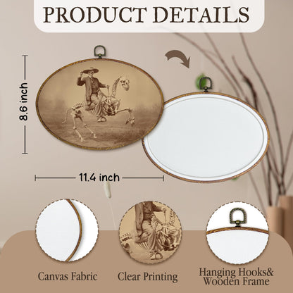 kdqua Funny Western Cowboy Skeleton Oval Wall Art Decor, Western Canvas Artwork Framed, Rustic Spooky Skeleton Skull Wall Hanging Decorations for Home Living Room Bedroom, 11.4x8.6 Inch