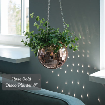 SCANDINORDICA Disco Ball Planter 8" Rose Gold with Chain and Macrame Hanger and Disco Ball Planter Pot 4.3" with Saucer (0.3x0.3 mirror tiles)
