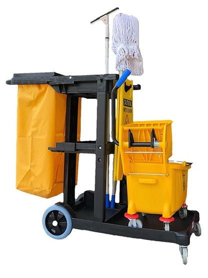 Simpli-Magic Janitorial Cart, 330 lbs Capacity – 3-Shelf Commercial Housekeeping Cleaning Cart on Wheels, 25 Gallon Bag with Lid – Stable, Smooth Movement