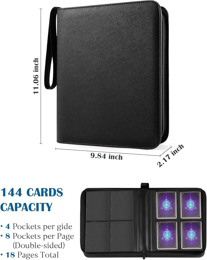 4 Pocket Top Loader Binder for 144 Toploaders, Side Loading Toploader Binder for 3 x 4'' Rigid Cards with Zipper Closure, PU Leather Ringless 2x2 Card Binder for MTG/TCG/Sports/Games, Blue
