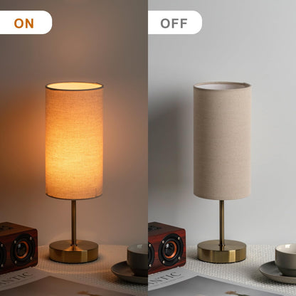 Small Side Table Lamp for Bedroom Night Stands, Round Linen Shade and Antique Brass Metal Base, Retro Minimalist Bedside Lamps for Dresser, Desk, Office, College Dorm, Warm Light, 5W LED Bulb Included
