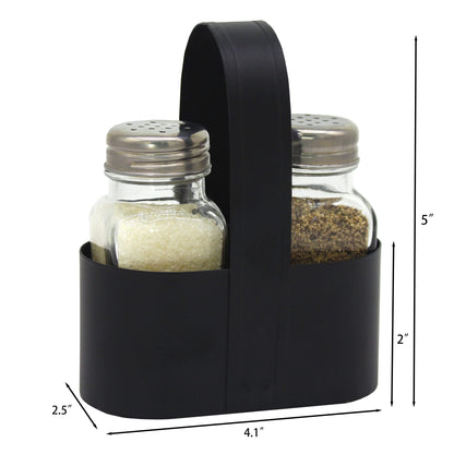 CVHOMEDECO. Salt and Pepper Shakers Set with Black Galvanized Caddy, Rustic Farmhouse Glass Salt and Pepper Shaker Dispensers, Black Metal Holder with Padded Feet, for Home Kitchen Table Decor. Oval