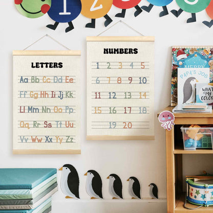 TLESKE Alphabet ABC Numbers Chart Poster Hanger Frame for Toddler Kid Classroom Set of 2, Homeschool Hanging Wall Art Decor for Nursery Playroom, Preschool Prek Learning Educational Poster, 16x24