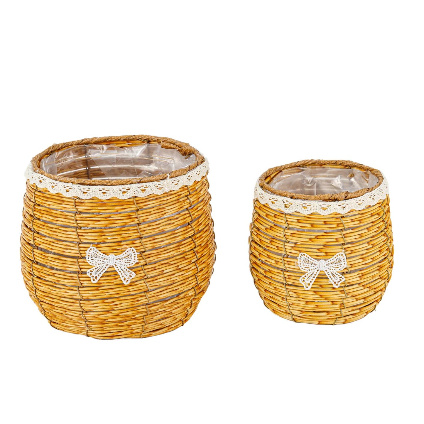 THY COLLECTIBLES Set of 2 Woven Wicker Planter Baskets with Plastic Lining and Bow Accent, Multipurpose Storage for Plants Indoor or Outdoor, Flowers, Toys Rustic Farmhouse Containers (Natural)