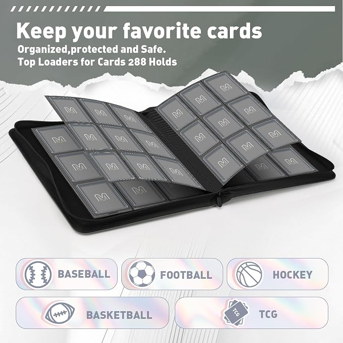 Toploader Binder,Trading Card Binder Storage Hold up 288 Cards 9-Pocket Top Loader Binder with Sleeves for 3"x4" Rigid Toploaders Hard Cases (9Dark Grey)