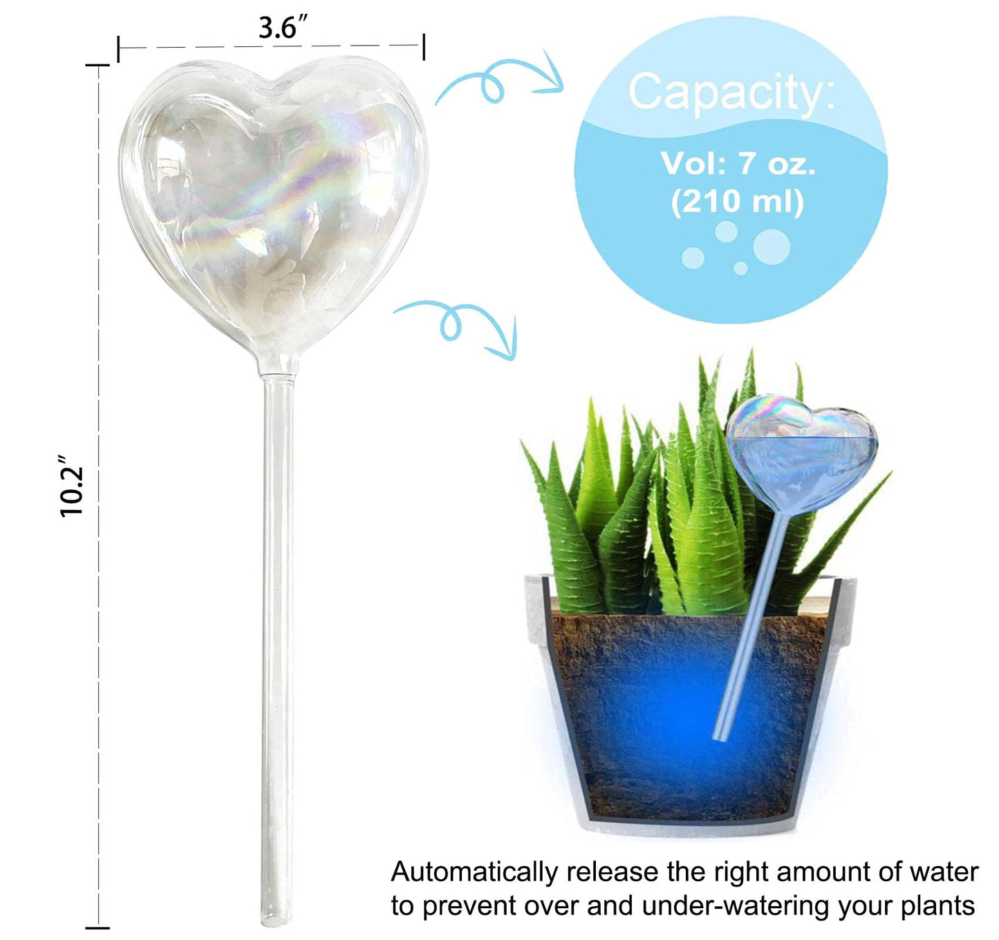 Kingbuy Self Watering Spikes Plant Watering Globes Iridescent Color Heart Shaped Glass Water Bulbs Devices for Plants, 2 Pack