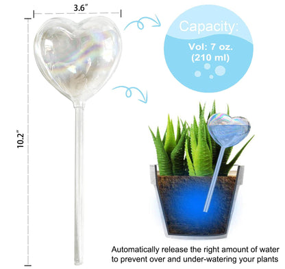 Kingbuy Self Watering Spikes Plant Watering Globes Iridescent Color Heart Shaped Glass Water Bulbs Devices for Plants, 2 Pack