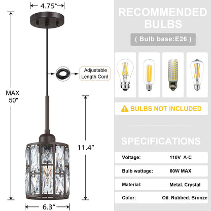Dolaimy House 2 Pack Pendant Light Fixture, 6.3in Crystal Plate, Oil Rubbed Bronze, Modern Design for Bar, Dining Room, Living Room