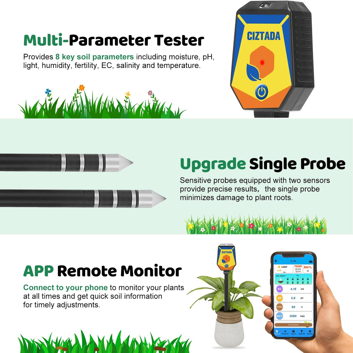 CIZTADA Smart Soil Moisture Meter pH Salinity Tester 8 in 1 Moisture pH Light Environment Humidity Fertility EC Salt Temp Soil Meter for Indoor/Outdoor Plants with App Monitor for Garden, Lawn, Farm