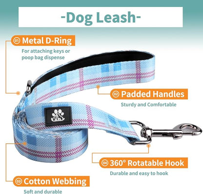 IVY&LANE Dog Collar with Bowtie and Leash Set | Plaid Adjustable Dog Collar | Detachable Bow Tie |5 FT Dog Leash | for Small Medium Large Dogs | Checkered Blue | Large