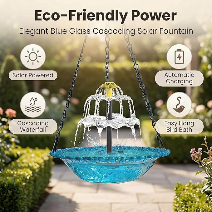 Solar Hanging Bird Bath Fountain, 2026 New 3 Layers Solar Powered Bird Bath Fountain, Outdoor Humming Birds Cascade Baths Fountains, Garden Patio Yard Backyard Lawn Decor (Blue)