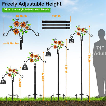 Double Shepherds Hooks for Outdoor, 2 Pack 78 Inch Bird Feeder Pole with 5 Prongs Base, Adjustable Heavy Duty Plant Hangers Sunflower Art for Outdoor Plants Hummingbird Feeder Hanging Basket Lantern
