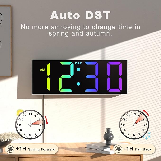 JALL 12" Large Digital Wall Clock, Big LED Number Dispaly, RGB Colors, DST, Night Light for Classroom Living Room Bedroom Mounted Birthday Xmas Gift for Senior, Mem Womem (A White Shell, 12 inches)