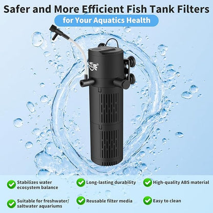 Aquarium Filter, Fish Tank Filter 4-in-1 for 10-30 Gallon Tanks, Submersible Internal Filter with Wave-Maker, Oxygenation & Adjustable Air Flow for Freshwater/Saltwater/Turtle Tanks (8W)